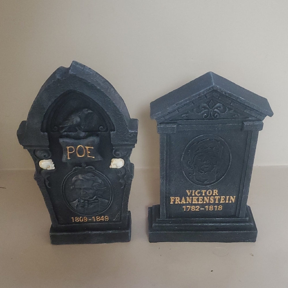 2 Black Halloween Tombstone Decor Set